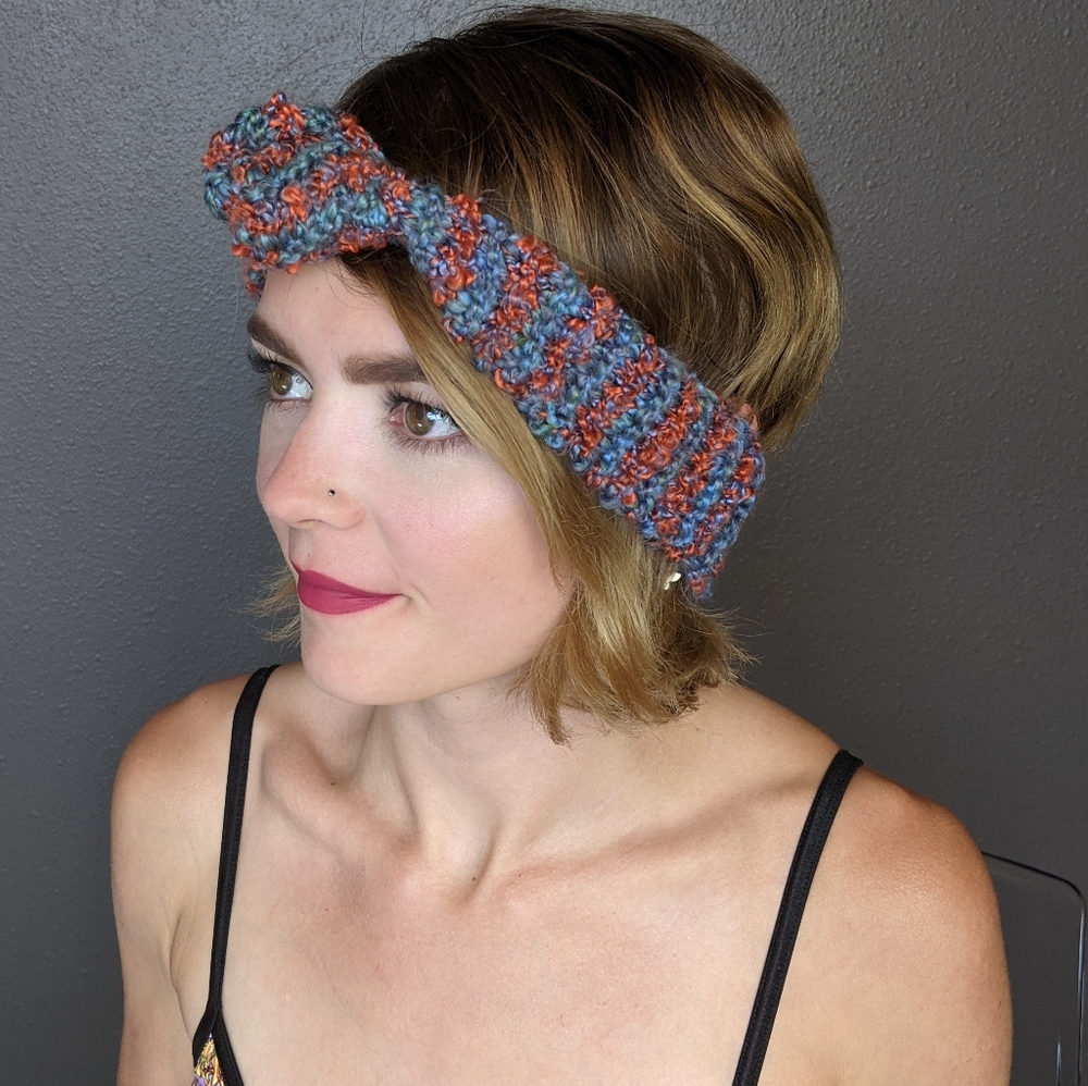 Orange & blue knotted ear warmer headband